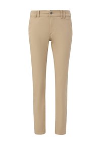 Pantalon beige ajusté avec passants de ceinture, bouton frontal, braguette zippée et poches avant épurées sur fond blanc.