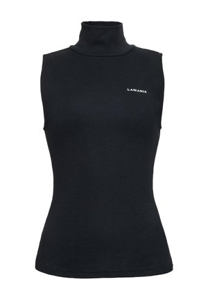 Czarny top bez rękawów z golfem, z małym białym napisem "LAMANIA" na lewej piersi, dopasowany krój, gładki design.