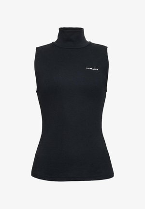 Czarny top bez rękawów z golfem, z małym białym napisem "LAMANIA" na lewej piersi, dopasowany krój, gładki design.
