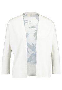 Bílá kardigan s otevřeným předním dílem, třičtvrtečními rukávy a jemně květinovým vzorem na podšívce zadního panelu.