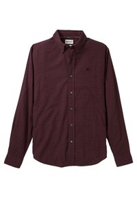Camicia a maniche lunghe a quadri rossi e blu in cotone, con colletto button-down e bottoni neri, dotata di un piccolo logo sul petto.