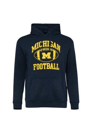 Granatowa bluza z kapturem z żółtym napisem "Michigan Football" i grafiką futbolu amerykańskiego przedstawiającą duże "M" na środku, przednia kieszeń kangurka.
