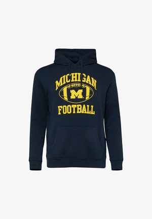 Navyblauer Hoodie mit gelbem "Michigan Football"-Schriftzug und Football-Grafik mit großem "M" in der Mitte, Fronttasche mit Kängurubeutel.
