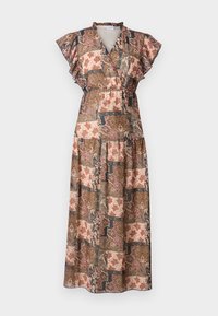 Maxi kleita ar laukuma dizainu siltās krāsās, volāniem pie piedurknēm, V veida kakla izgriezumu un elastīgu jostu, kas nodrošina pieguļošu siluetu.