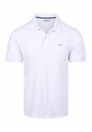 Weißes Polohemd mit kurzen Ärmeln, Zwei-Knopf-Leiste und kleinem hellblau besticktem "MCG"-Logo auf der Brust.