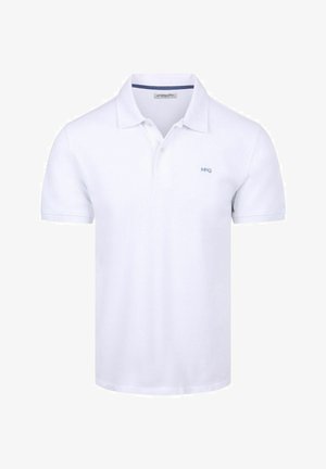 Wit polohemd met korte mouwen, knoopsluiting met twee knopen en klein lichtblauw geborduurd "MCG" logo op de borst.
