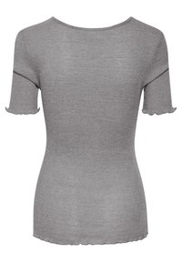 Top corto grigio a costine con orlo e scollatura a babydoll. Realizzato in materiale leggero, presenta un design aderente.
