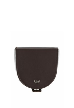 Brown leather half-moon handbag with a small silver logo emblem centered near the bottom and a flat base.