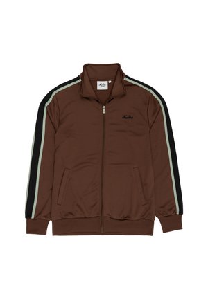 Καφέ μπλούζα με φερμουάρ και δύο πλαϊνές τσέπες. Διαθέτει ανοιχτό πράσινες και μαύρες ρίγες στα μανίκια. Κατασκευασμένη από λείο, ελαστικό υλικό.