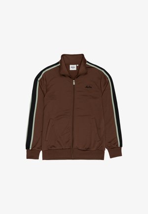 Brązowa kurtka na zamek błyskawiczny z dwoma bocznymi kieszeniami. Na rękawach znajdują się jasnooliwkowe i czarne paski. Wykonana z gładkiego, elastycznego materiału.