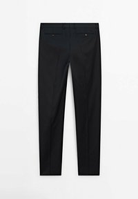 Black dress pants with a tailored fit, featuring a smooth texture, two back pockets, and subtle creases along the front.