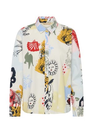 Košile na knoflíky s dlouhým rukávem s barevnými slunečními obličeji, tygrem, mušlemi, květinami a abstraktními tvary na světlém pozadí.