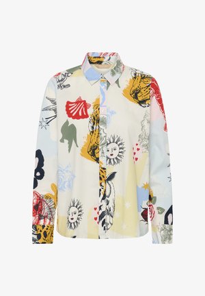 Koszula na guziki z długim rękawem ozdobiona kolorowymi motywami twarzy słońca, tygrysa, muszli, kwiatów oraz abstrakcyjnych kształtów na jasnym tle.