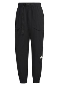 Svarta lätta byxor med elastisk midja, två sidofickor och en ficka med dragkedja, samt en liten logotypdetalj på benet.