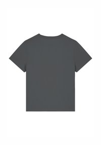 Grijze t-shirt met korte mouwen, gemaakt van gladde stof; heeft een ronde hals en een eenvoudig ontwerp, zonder patronen of accenten. Achteraanzicht weergegeven.