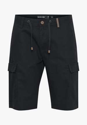 Juodi cargo šortai su šoniniais kišenėmis, raišteliu liemeniui, pagaminti iš medvilnės, tiesaus kirpimo dizaino. Su mygtukų uždarymu ir subtilia detale.