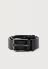 Black leather belt with a silver buckle and red stitching detail, rolled up on a plain light background.