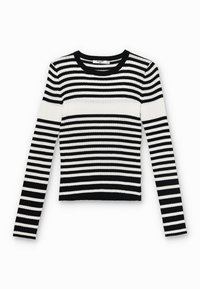 Pull à rayures horizontales noires et blanches, côtelé, à manches longues, avec un col rond et une silhouette ajustée.