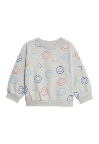Grauer Pullover mit langen Ärmeln, der bunte Smileys in Rot und Blau aufweist. Elastischer Bund und Bündchen. Weicher Stoff.