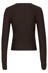 Long-sleeved, dark brown top made from soft fabric. Features a round neckline and a fitted design with no embellishments.