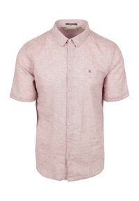 Korte mouwen knoopshirt van lichtroze linnen, met een subtiele textuur, ronde kraag en een klein geborduurd logo op de borst.