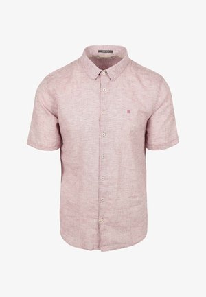 Kurzärmliges Hemd aus leichtem rosa Leinen mit feiner Textur, runder Kragen und kleinem gesticktem Logo auf der Brust.