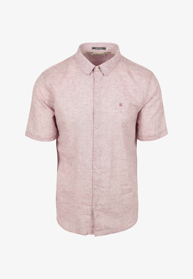 Korte mouwen knoopshirt van lichtroze linnen, met een subtiele textuur, ronde kraag en een klein geborduurd logo op de borst.