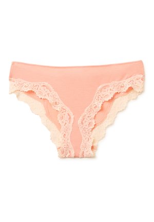 Light peach women's underwear with floral lace trim along leg openings and center front, made of soft fabric with a smooth waistband.