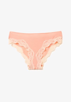 Light peach women's underwear with floral lace trim along leg openings and center front, made of soft fabric with a smooth waistband.
