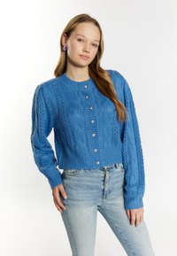 Jersey corto de punto azul con diseño de trenza, puños acanalados y botones similares a perlas en el frente. Combinado con jeans celestes.