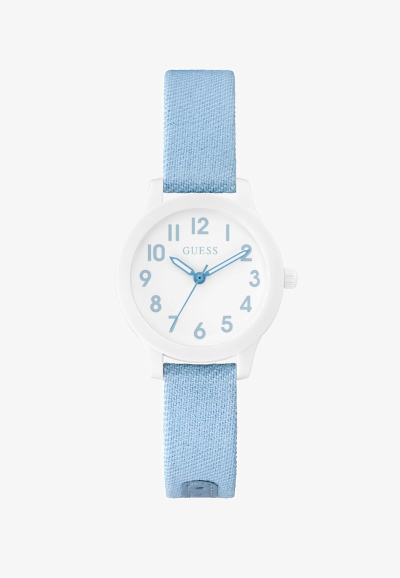 Biele hodinky s okrúhlym ciferníkom, modrými hodinovými a minútovými ručičkami a svetlomodrým textilným remienkom. Na ciferníku sú zobrazené veľké čísla 1-12.