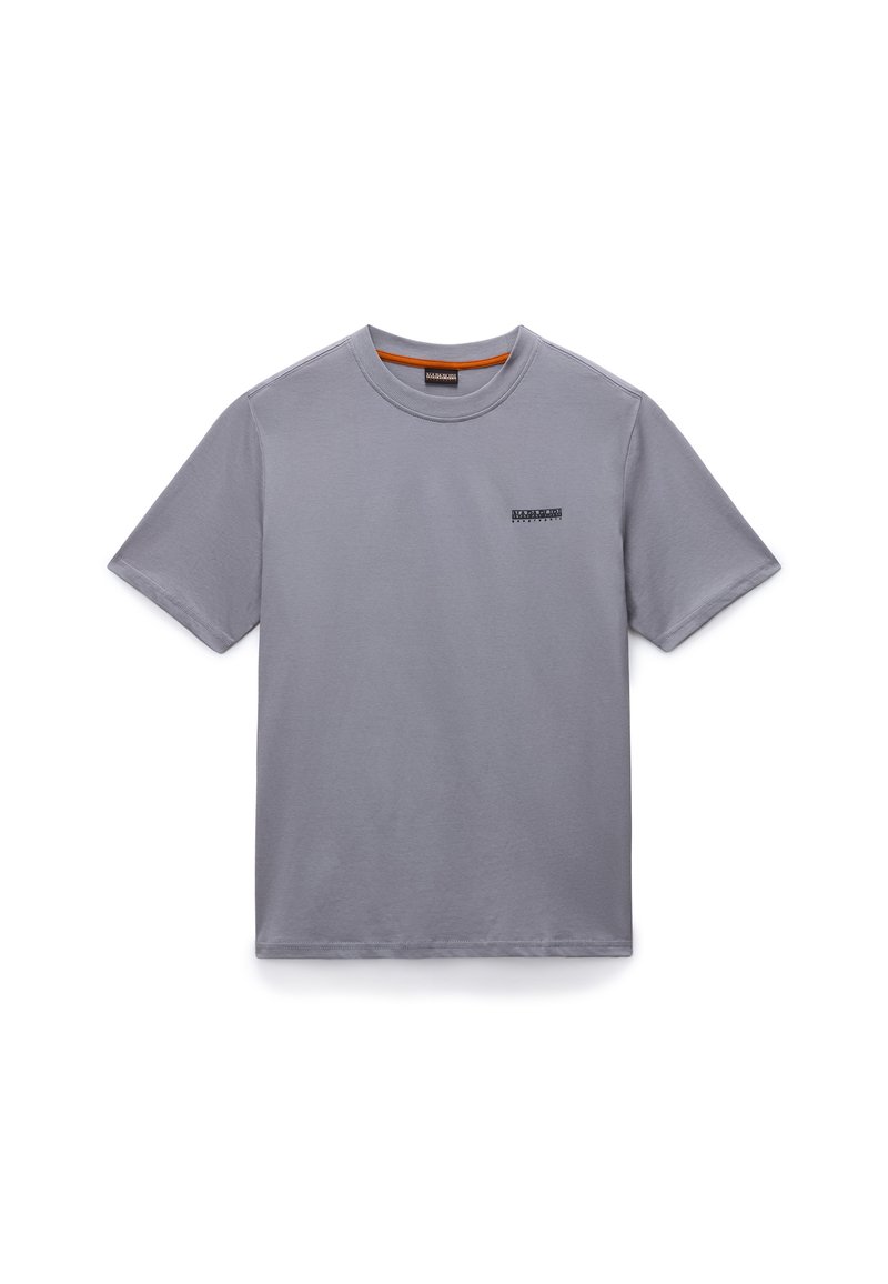 Γκρι βαμβακερό t-shirt με λαιμόκοψη, κοντά μανίκια και μικρό μαύρο λογότυπο στο μπροστινό μέρος. Υφασμάτινη υφή με απαλό φινίρισμα.