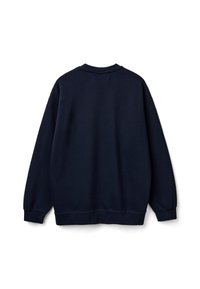 Námořnická modrá mikina s dlouhými rukávy, kulatým výstřihem a žebrovanými manžetami. Měkká tkanina s hladkým, jednobarevným povrchem, bez viditelných log nebo vzorů.