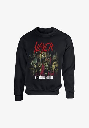 Felpa nera con stampa grafica dalle immagini vivaci e la scritta "SLAYER" in bold rosso sopra "REIGN IN BLOOD" in bianco.
