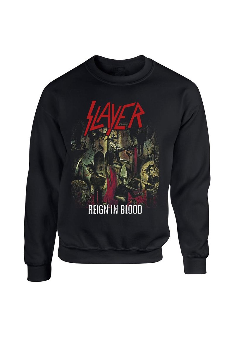 Felpa nera con stampa grafica dalle immagini vivaci e la scritta "SLAYER" in bold rosso sopra "REIGN IN BLOOD" in bianco.