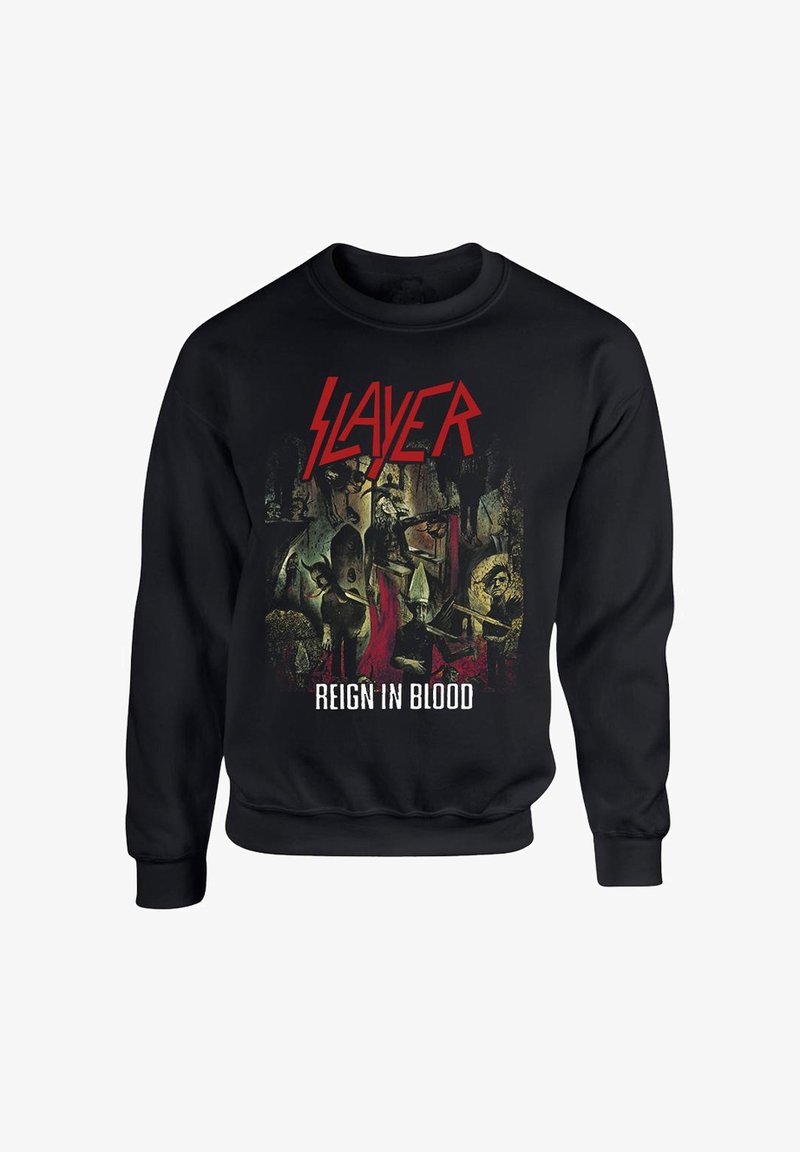 Svart hettegenser med en grafisk trykk som har livlige bilder og "SLAYER" i fet rødt skrift over "REIGN IN BLOOD" i hvitt.