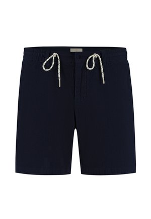 Short bleu marine texturé avec taille élastique, cordons blancs, bouton et fermeture éclair, conçu pour un usage décontracté.
