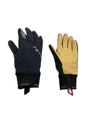 Guanti da lavoro con esterno in nylon nero e palmi in pelle beige, polsini elastici e marchio sulla superficie superiore e sul pollice.