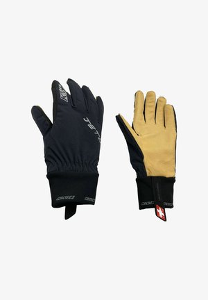 Arbeits-Handschuhe mit einem schwarzen Nylon-Außenmaterial und handschuhledernen, tanfarbenen Handflächen, elastischen Bündchen und Branding auf der Oberseite und dem Daumen.