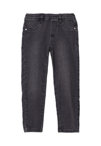 Zwarte denimbroek met een aansluitend ontwerp, elastische tailleband, vijf zakken en contrasterende stiksels langs de naden. Gladde textuur.