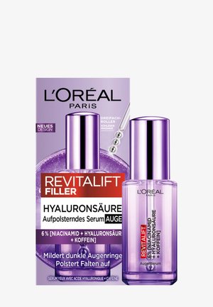 L'Oréal Revitalift Filler oogserum met hyaluronzuur, niacinamide en cafeïne in een paarse fles naast de doos met productdetails.