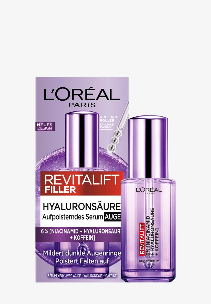 L'Oréal Revitalift Filler Augenserum mit Hyaluronsäure, Niacinamid und Koffein in einer lila Flasche neben der Verpackung mit Produktdetails.