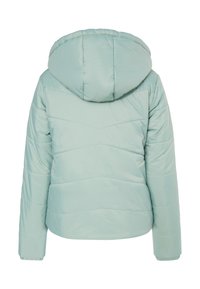 Giacca puffer verde menta chiaro realizzata in materiale lucido e trapuntato. Presenta un cappuccio e cuciture a zigzag lungo il corpo e le maniche.