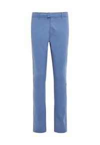 Pantaloni di cotone azzurri con design a gamba dritta, dotati di vita con passanti per cintura e tasche frontali e posteriori standard.