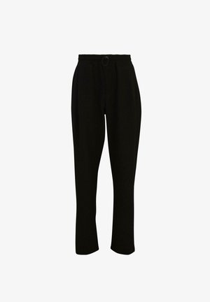 Černé žebrované kalhoty s elastickým pasem, který je doplněn stahovací šňůrkou a širokými nohavicemi. Tkanina je měkká s hladkým povrchem.