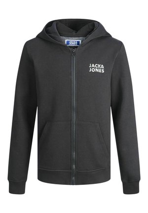 Sort lynlåstrøje lavet af en bomuldsblanding med kængurulomme, ribstrikkede manchetter og "Jack & Jones" logo i hvid på brystet.