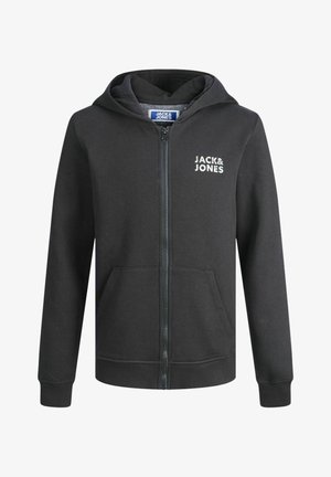 Czarna bluza z kapturem rozpinana na zamek, wykonana z bawełnianej mieszanki, z kieszenią kangurka, ściągaczami na rękawach i białym logo „Jack & Jones” na piersi.