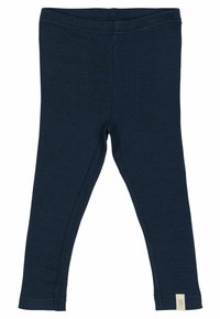 Sötétkék bordázott leggings, elasztikus derékkal, tapered szabással és egy kis krém színű címkével a szegélyén, rajta "PP" felirattal.
