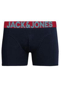 Navy blue men's boxer shorts with a red elastic waistband featuring the text "JACK & JONES" in light blue. Soft fabric and fitted design.