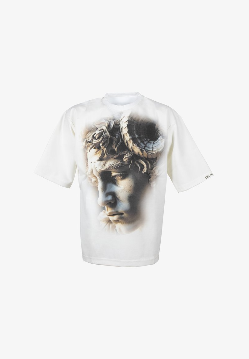 White short-sleeve t-shirt featuring a detailed graphic of a sculpted male face with decorative horn accents, smooth texture.